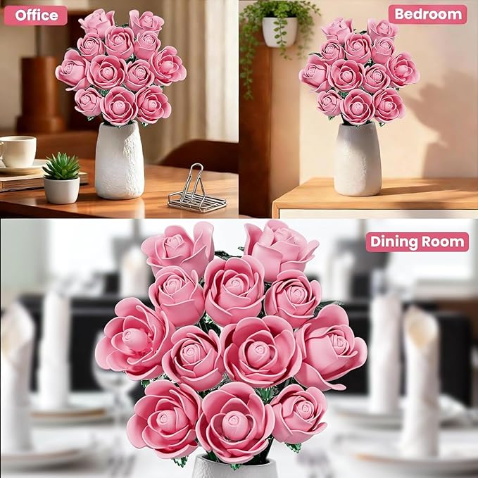 Pink Rose Building Flower Bouquet Set for Adults Compatible with Lego Flowers Artificial Plant Home Decor Creative DIY Building Toys Romantic Gifts for Her Birthday Valentine's Day Mother's Day