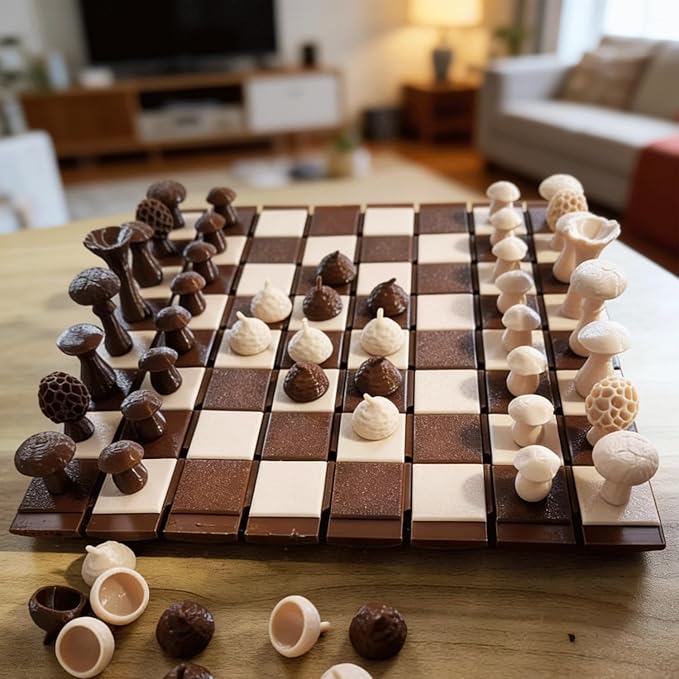 Magnetic Forest Mushrooms Chess Forest Chess Set Log and Mushroom Chess Board Game with Acorn Piece Checkers Magnetic Chess Game 3D Printed Portable Chess Sets for Adults
