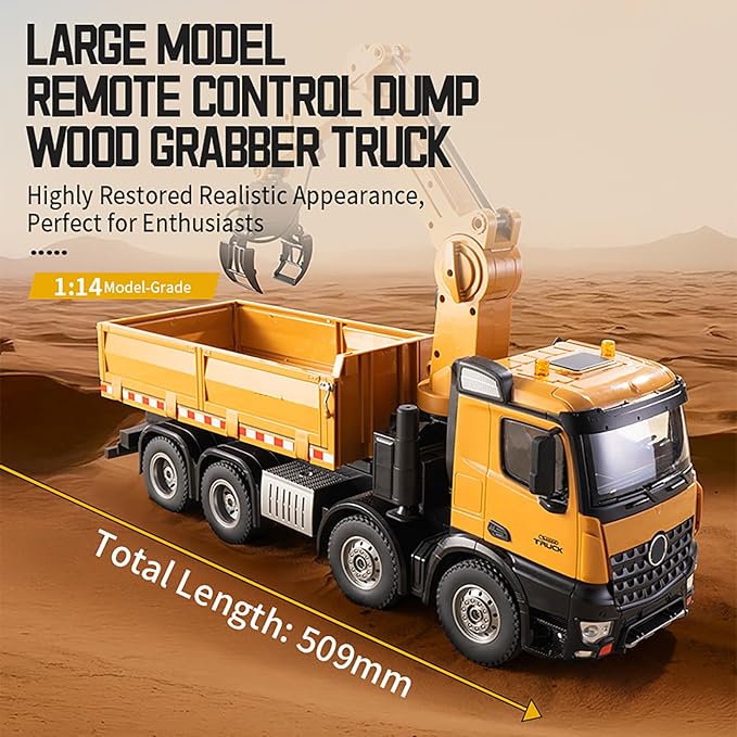 20-Inch 3 in 1 Remote Control Dump Truck Wood Grabber 26-Channels 1/14 Scale 6.6LBS Load Capacity RC Heavy Duty Metal Construction Vehicles Toy for 14y+ Beginners (8 Wheels)