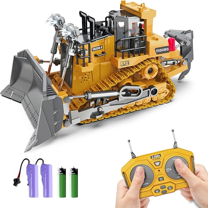 Dwi Dowellin Rc Bulldozer Toys for BoysConstruction Remote Control Bulldozer with Metal bulldozing Shovel Lights/Sounds for Kids Boys