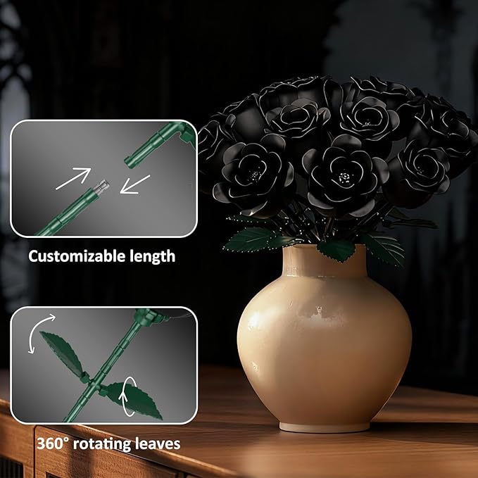 Black Rose Bouquet Building Set Rotatable Control for Flowering Flowers Botanical Christmas Valentine's Day Gifts for Adults - Gothic Home Office Table Bookshelf Decor