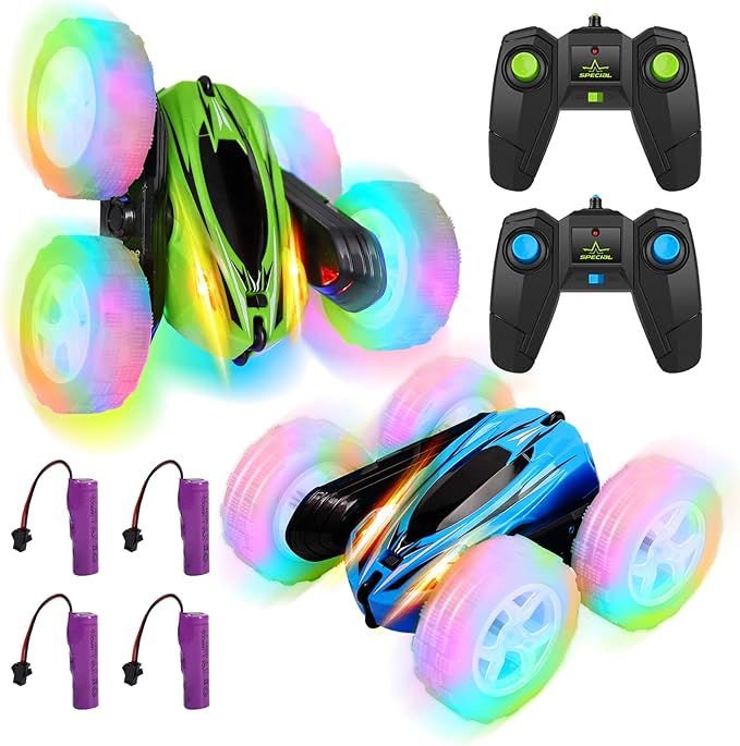 2 Pack Remote Control Car Toys for Kids RC Stunt Cars with Wheel Lights 2.4GHz Drift High Speed 4WD Off Road Double Sided 360° Rotating Cars for Boys Girls