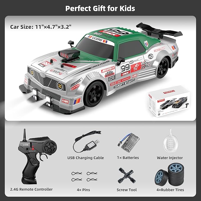 RC Drift Car with Spray Remote Control Cars 1/16 2.4GHz 4WD Remote Control Drift Car Drifting RC Cars with LED Lights and Drifting Tires Toy for Adults Boys Kids