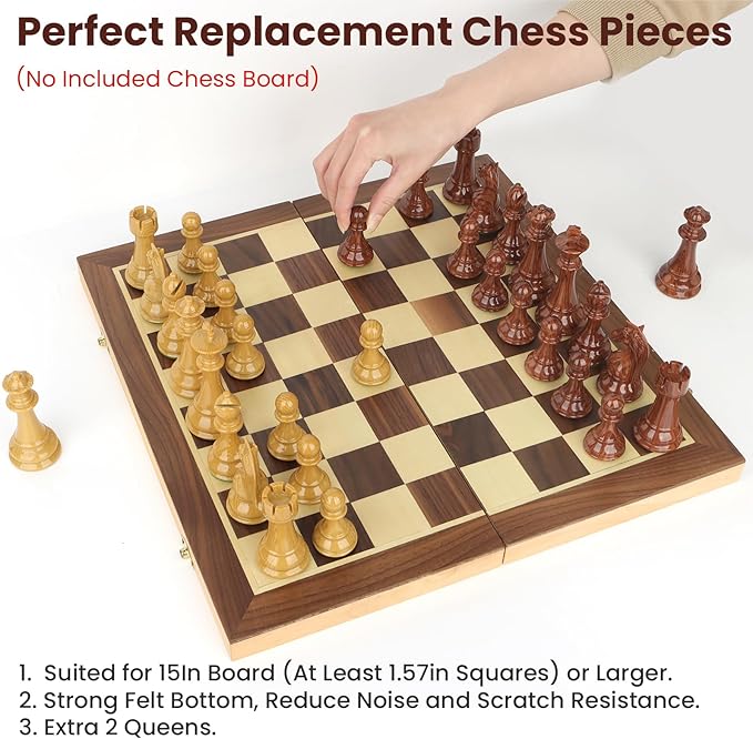 High Polymer Weighted Chess Pieces Only - 3.75'' King - Extra 2 Queens Standard Tournament Chessmen for Chess Board Game or Replacement of Missing Pieces (No Board) Storage Bag Included