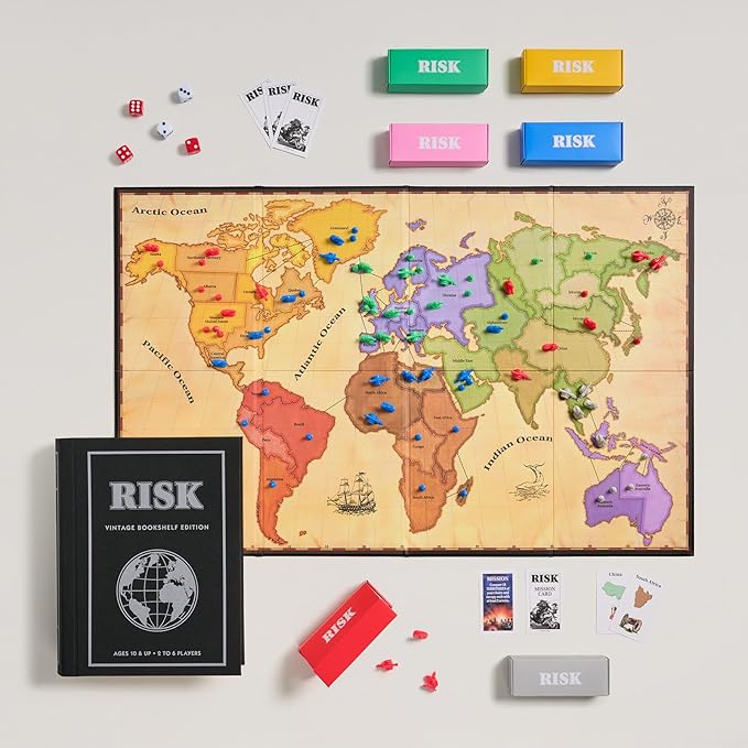 WS Game Company Risk Vintage Bookshelf Edition Linen Wrapped Book Box &amp Slipcase - Secret Mission Variant &amp 6 Armies - Strategy Board Games for Adults &amp Kids Ages 10+