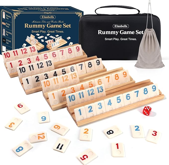 Upgraded 2-4 Players Rummy Cube Board Game Set with 4 Wooden Racks 106 Tiles Portable Case Drawstring Bag and Dice for Adults Friends Night Gifts Travel Party Sharpens Brain