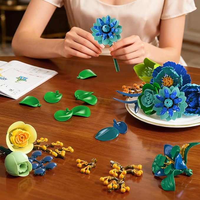 Flowers Building Set with Vase Easter Flower Bouquet Botanical Collection Building Block Toy 1309 PCS Peacock Artificial Plant Bonsai Kit Home Decor Gift for Her Adults Girls 12+