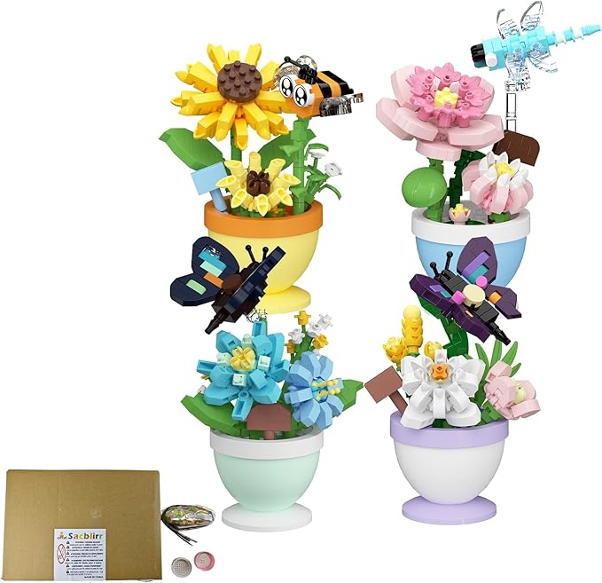 Set of 4 Mini Flower Bonsai with Cute Insects - DIY Potted Plant Building Blocks for Kids and Adults Botanical Collection Decor Toy
