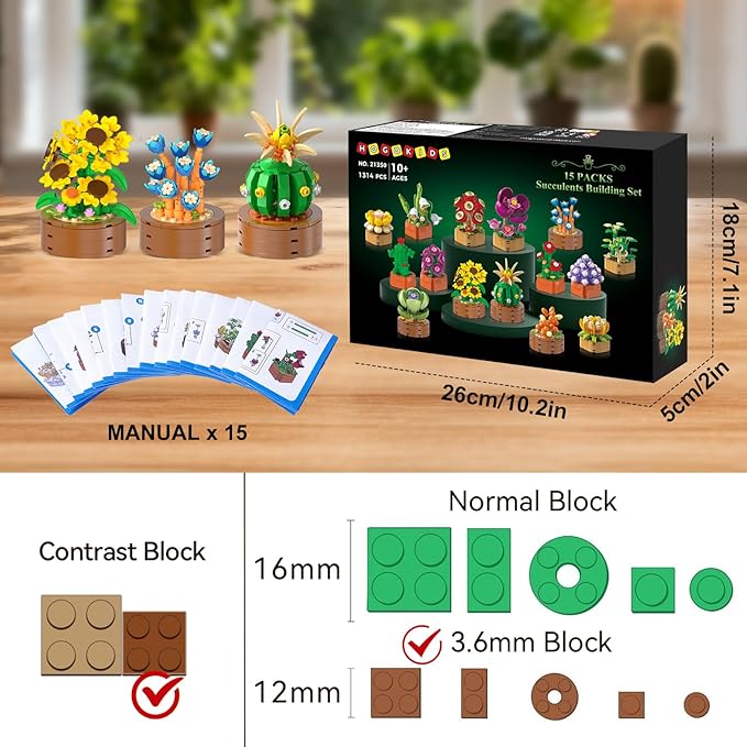 HOGOKIDS 15 Pack Flowers Succulents Mini Building Set for Adults Kids - 1314PCS Flower Plant Botanical Collection 3.6MM Bricks Toys Home Office Décor Easter Gifts for Women Boys Girls Age 6+