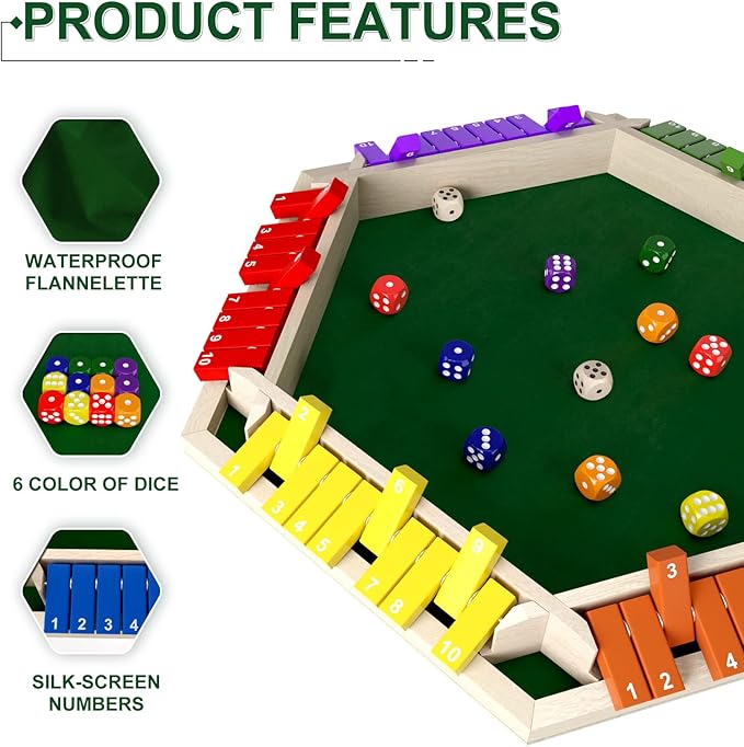 1-6 Players Shut The Box Dice Game Wooden Board Table Math Game with 16 Dice Classics Tabletop Version Games for Kids Adults FamilyClassroomHomeParty or Pub