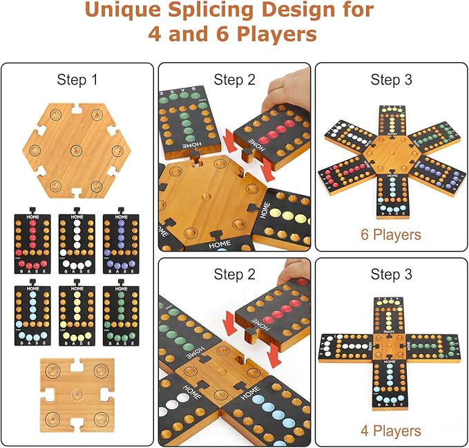 Marble Board Game Wooden Board Game for 4 and 6 Players Portable Original Marble Game with 24 Marbles 12 Dice for Family Friends Party Game Night Black