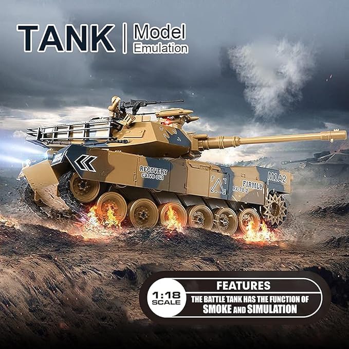 fisca 1/18 Remote Control M1A2 RC Tank with 2.4Ghz 15 Channel Smoking - Abrams Main Battle Tank that Military Toy for Kids and Adults
