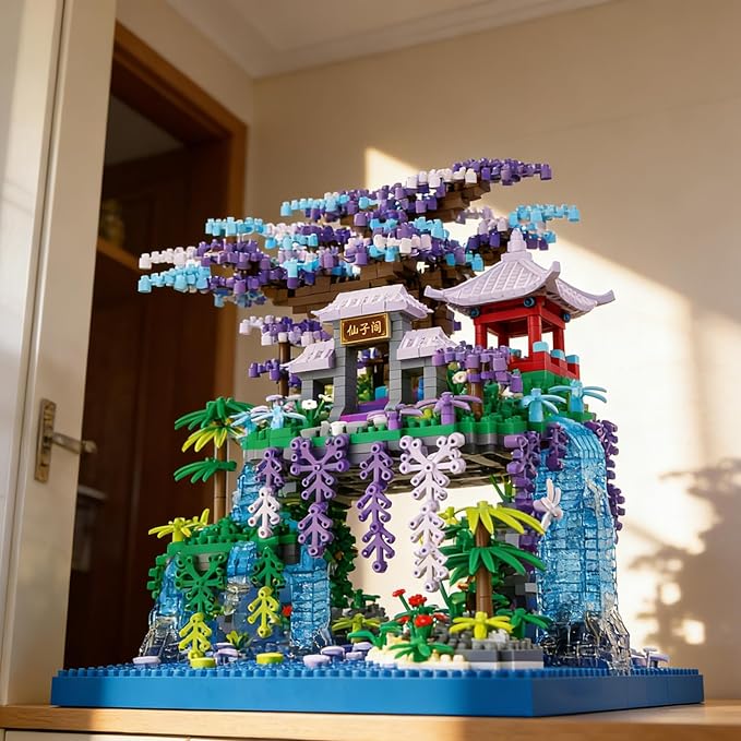 Beego Peach Blossom Pond Architecture Tree House Micro Building Kit Set Japanese Cherry Blossom Architecture Building Blocks Sakura Tree House Valentines Gift for Lover Adults(1746PCS)