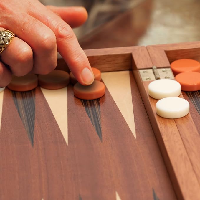 Yellow Mountain Imports Wooden Inlaid Backgammon Game Set Pasadena - Classic Strategy Board Game Set with Acrylic Playing Pieces &amp Wooden Dice Cups 15-inch Board