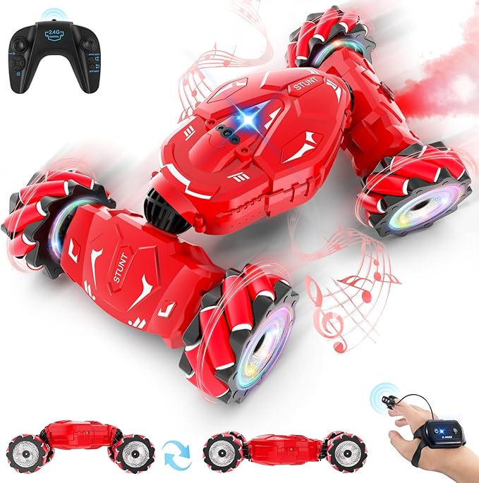 Pristar RC Stunt Cars Gesture Sensing Remote Car Toys for 6-12 Boys Girls 2.4Ghz Hand Remote Control Car with Spray Lights Music 360° Rotation 4WD Off-Road Birthday Xmas Gifts for Kids Age 6-12