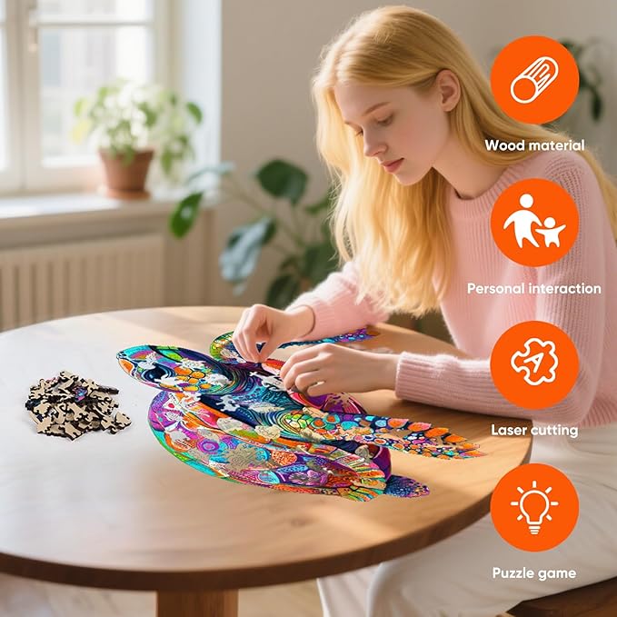 Mys Aurora Colorful Turtle Puzzles for Adults 200 Pieces 5MM Thick Wooden Jigsaw Puzzles Unique Shape Puzzle Ocean Wood Puzzles for Adults and Kids Birthday Gifts Family Game 11.4 * 11.4 inches