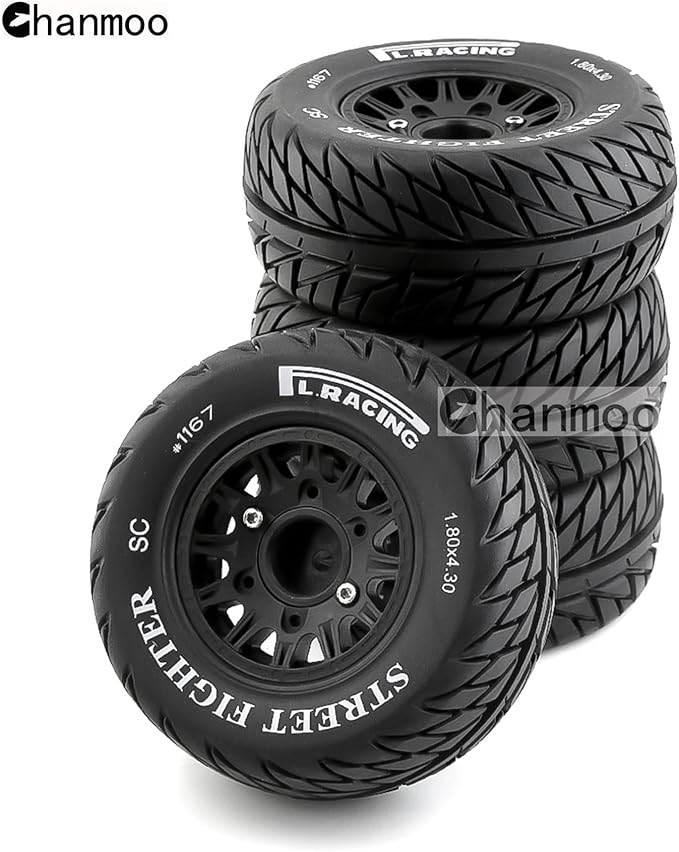 1/10 RC Short Course Truck Tires And Wheels With 12mm 14mm 17mm Hex 113mm 1/8 Rubber Tyres For 1/8 or 1/10 Scale On Road Car HSP Sonic 94102 GT PTG-2 Tamiya TT02 RC Racing Car 4PCS (Black B)