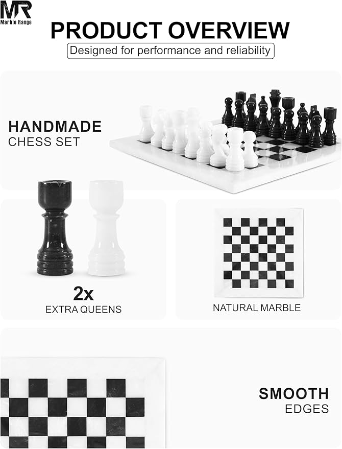 Marble Chess Set for Adults 12 Handmade White &amp Black Board Game with 32 Chess Pieces 2 Extra Queens &amp Storage Box Luxury Travel Game Elegant for Home Decor