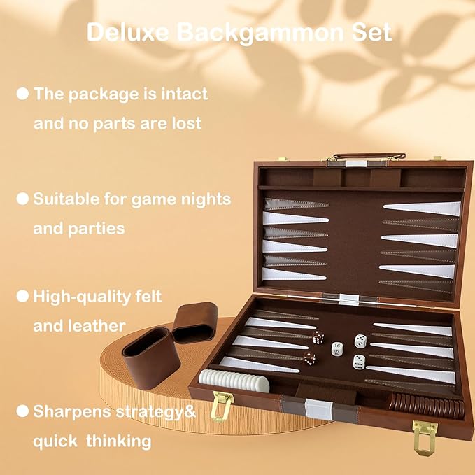 Large Backgammon Sets for Adults Classic Board Games Portable and Travel Backgammon Set with Premium Leather Case (15 Inch)