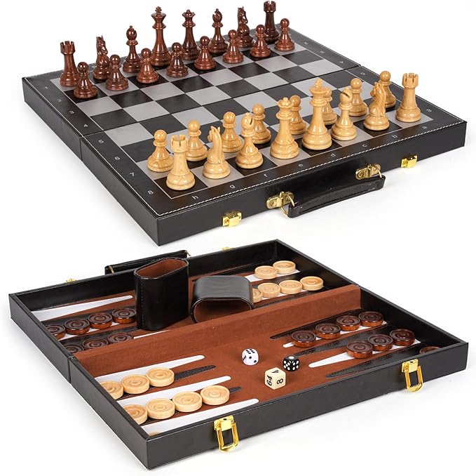 3 in 1 Magnetic Chess Set &amp Checkers Backgammon Board Game Set 15 Wooden Folding Chess Board Tournament Portable Travel Chess Set Beginner Chess Board Game for Adults &amp Kids