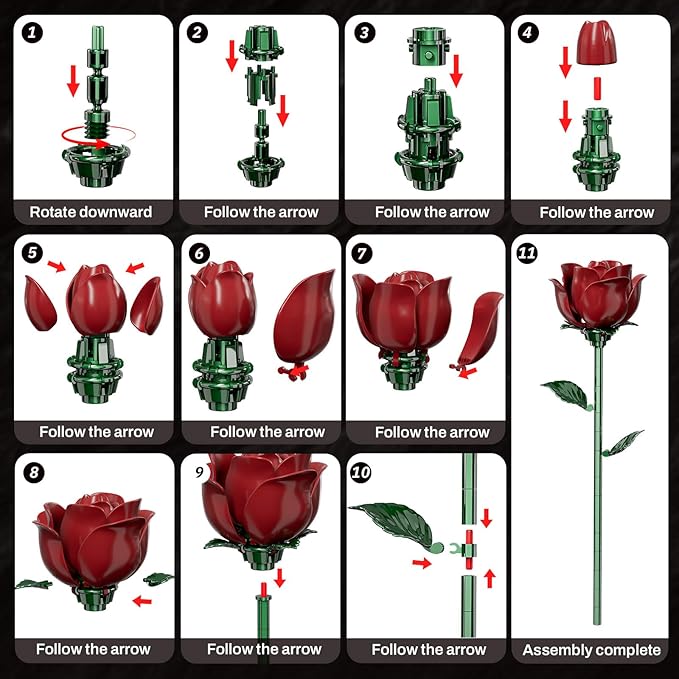 Burgundy Red Rose Bouquet Building Set for Girls &amp Boys - 12 Pack Botanical Collection Gift for Easter Basket Artificial Flowers Botanical Collection Centerpiece Retro Decor