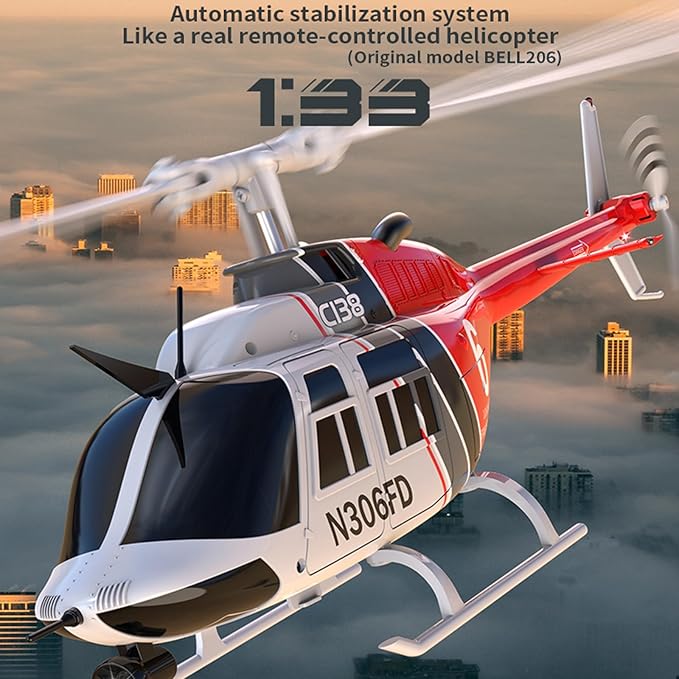 C138 Remote Control Helicopter 1:33 Scale Bell206 Helicopter 2.4G 4CH RTF Single Propeller Aileron Free Six-axis Gyroscope Modular Battery One-Touch Function Gift for Adults 2 Batteries