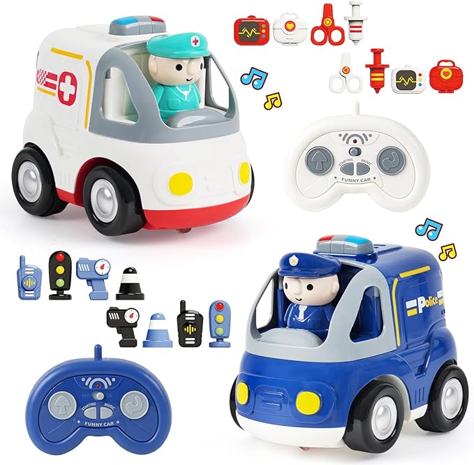 BEMITON 2.4GHz Remote Control Toy Cars for Toddlers - Interactive Police Car &amp Ambulance with Lights and Music Birthday Gifts for Boys and Girls Ages 18+ Months 2 3 4 5 Year Old