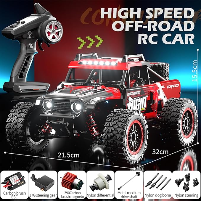 RC Cars 1:14 Remote Control Car 50 KMH Fast RC Truck for Kids Adults Boys 2.4 GHz All Terrains 4WD RC Dune Buggy Off-Road RC Monster Truck Short Course Car with 2 Batteries (Red)