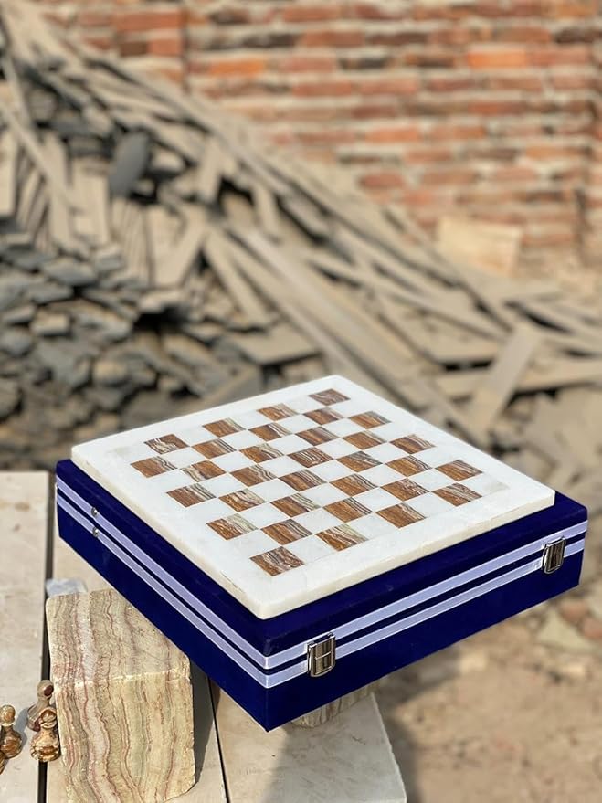 Large Handmade Full Chess Set Marble Chess Board 32 Chess Game Pieces Unique Home décor. Handcrafted Tournament Chess Board - 2 Players. (White Brown)