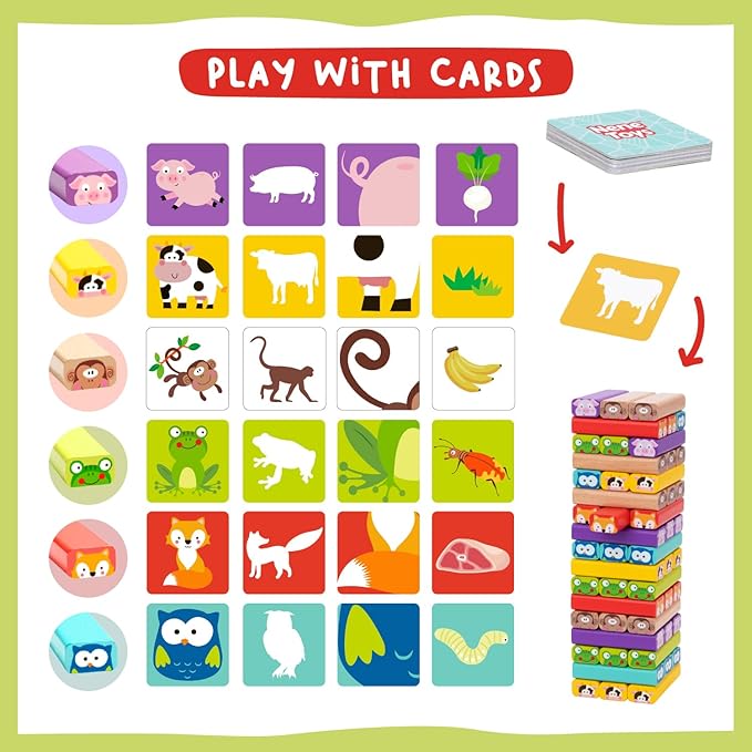 Nene Toys Wooden Tumble Tower Game with Animals &amp Colors 4-in-1 Educational Family Board Game for Kids Ages 3-9 Creativity &amp Cognitive Skills Booster - Gift for Boys Girls 3+ Years