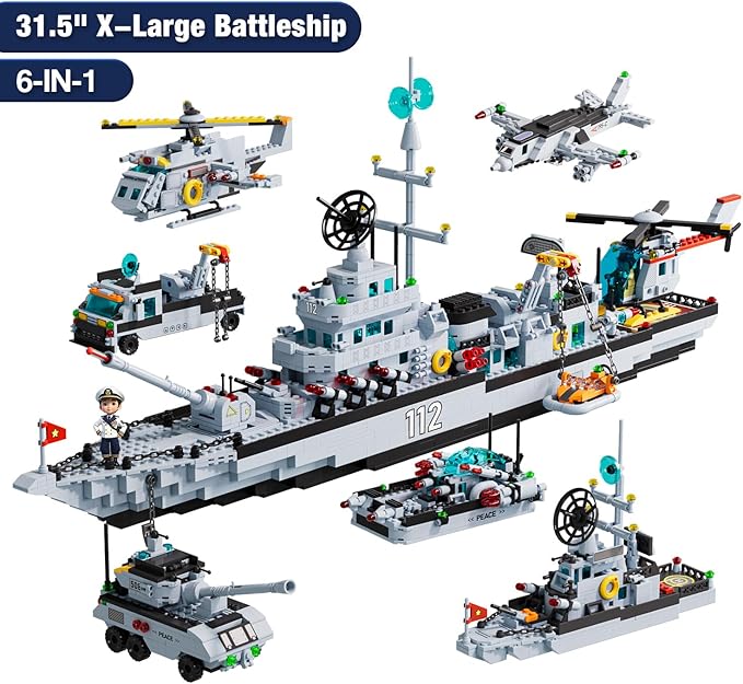 Battleship Building Set for Boys 8-14 6-in-1 Military Boat and Ship Navy Warship Toys Model Kits Construction Birthday for Adults Men Teens Age 8-1214+ (1456+ PCS)