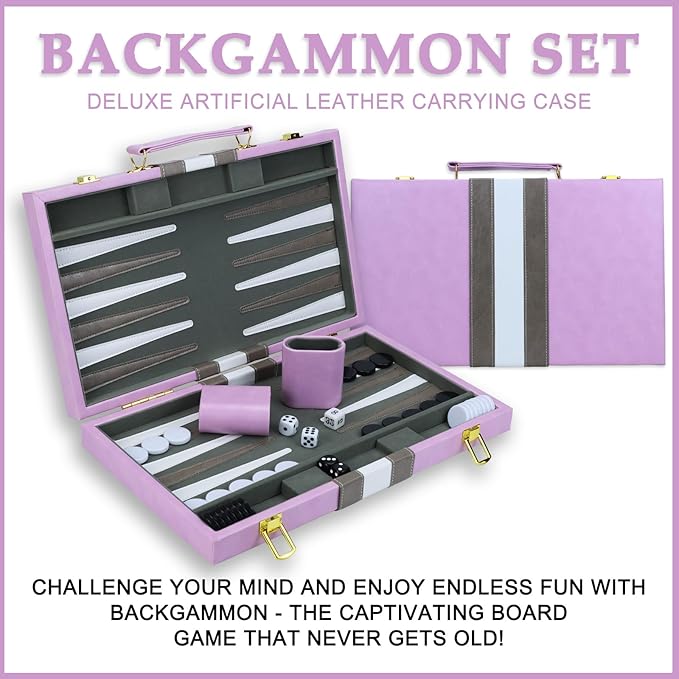 Backgammon Sets for Adults 15 inch Backgammon Purple Sets Classic Board Game with Premium Leather Case Portable Travels Strategy Backgammon Game Set for Adults Kids (Purple)