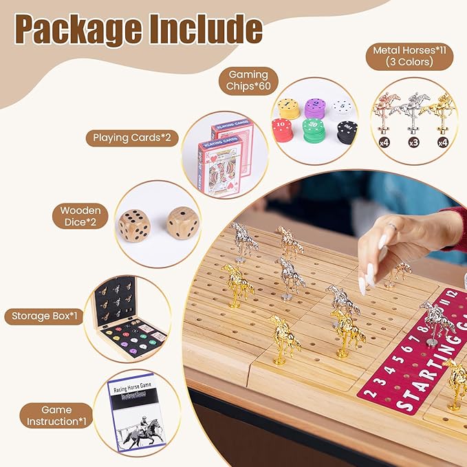 Extra Large 28 inches Foldable Horse Race Board Game for AdultsThickened Wood ChessboardIncludes 11 Luxurious Metal Horses 60 Chips2 Dice2 Boxes of CardsClassic Wooden Table Top Board Games