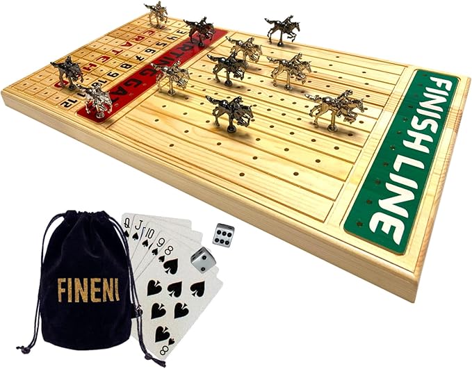 Horse Racing Game for Adults Horse Race Board Game with 11 Luxurious Metal Horses (Silver Black) 22” Pine Wood Horse Race Game Board Dice &amp Card Included (Log Color2)