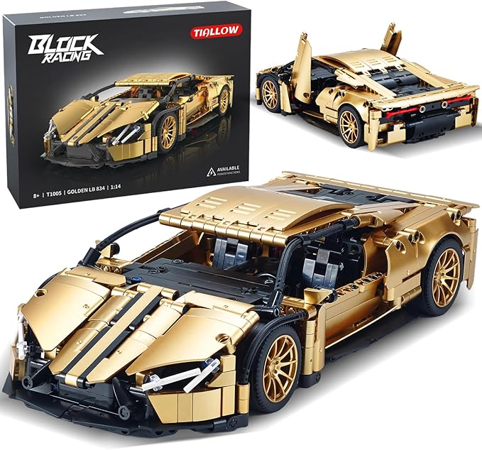 Sports Car Building Set for Adults - 1:14 MOC Toy Car Building Block Racing Car Model Kit Gifts for BoyfriendsBoys and Teens Age 8-14 (Gold)