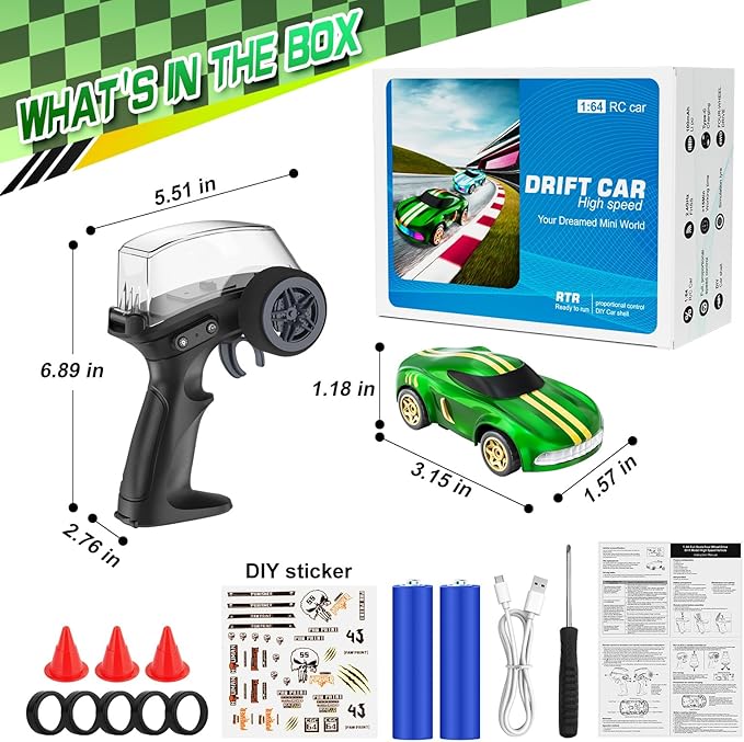 RC Drift Car 1/64 Mini Drift RC Cars 4WD Micro Remote Control Car with LED Lights and Speed Switch Cars Toys for Adults Kids Boys Age 6 7 8-12 Green
