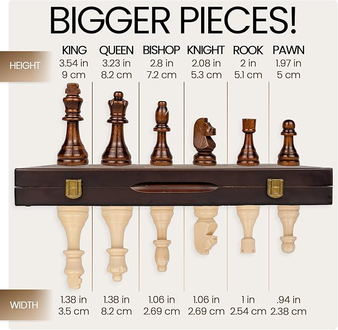 17 Magnetic Wooden Chess Set - Large Folding Portable Travel Chess Board - Hand Carved Pieces - Foam Storage Slots - 2 Extra Queens - Tournament and Beginner Play - Adults and Kids