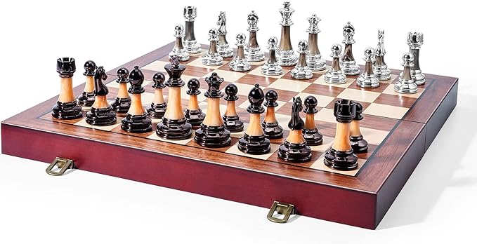 VAMSLOVE Chess Set Large 16''/42cm Folding Wooden Board with Deluxe Weighted Acrylic Chess Pieces - 3.5 King with Storage Slots for Adults House Warming Retirement Gift
