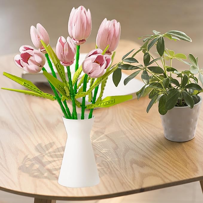 Flower Bouquet Building Toy Set Tulips Botanical Building Blocks for Adults Home Office Decor Pink Color