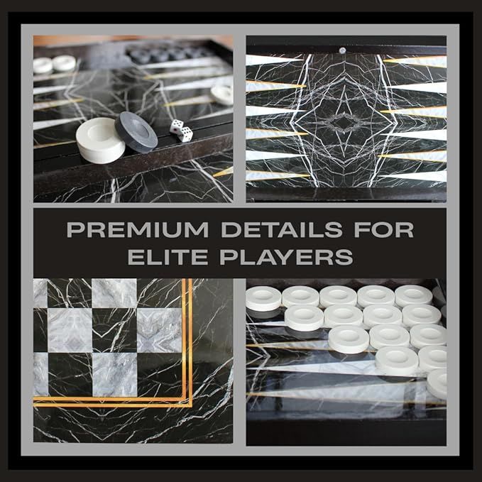 Park&ampOz Premium Turkish Backgammon and Checkers Set 19 Inch Handmade 2 in 1 Wooden Board Game with Glossy Finish Luxury Checkers and Dice Travel Friendly and Foldable (Black Marble)