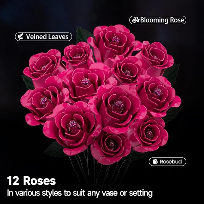 12 Everlasting Pink Roses Bouquet Building Set Gothic Home Office Table Centerpiece Flowers Decor with Heart-Shaped Gift Box Base Perfect Valentine's Day Gift for Her Mom Girlfriend or Wife