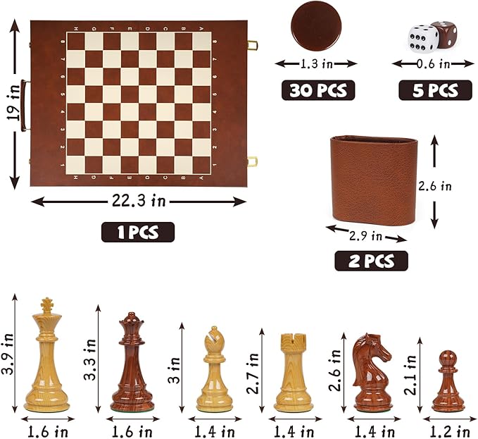 Large 3-in-1 Chess Set &amp Checkers Backgammon Set – 19 Folding Leather Chess Board with Handle Acrylic Chess Pieces &amp Checkers 4 King with 2 Extra Queens Luxury Travel Board Game Set