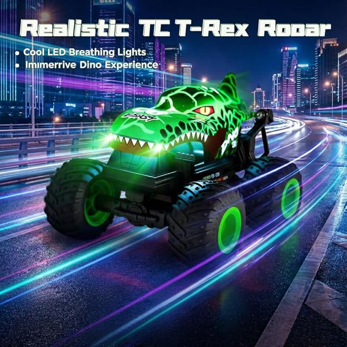 Remote Control Dinosaur Car for Boys 8-12 Sturdy 1:20 Scale RC Monster Truck with LED Lights &amp Roaring Sound 2.4GHz All Terrain Off Road Toy Vehicle Birthday Easter Gifts for Kids 8-12(Green)