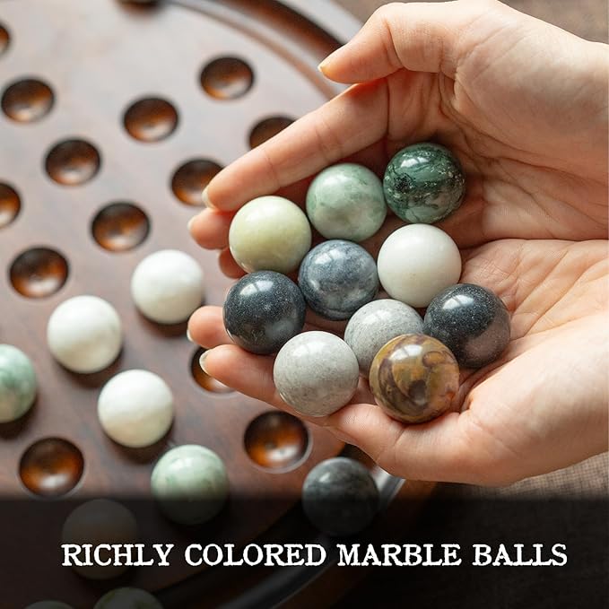 Deluxe Solitaire Game Set: 12.6'' Solid Wooden Board 32 Natural Marble Balls Single-Player Strategy and Smart Games