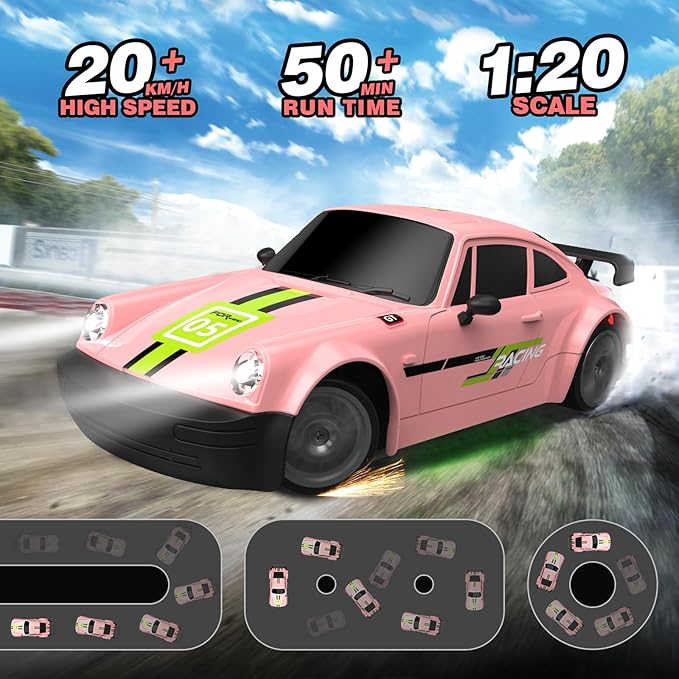 Remote Control Car RC Drift Car 2.4GHz 1:20 Scale 4WD 20KM/H High Speed Remote Control Cars Vehicle with LED Lights Drifting Tire 2Pcs Rechargeable Batteries Toy Cars for Adults Boys Girls (Pink)