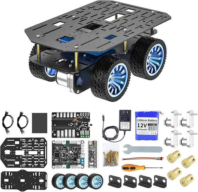 Yahboom 4WD Smart Chassis Car Kit with Aluminum Alloy Chassis520 Encoder Motor65mm WheelsRobotic Moving Platform (Black Unassembled) with Battery