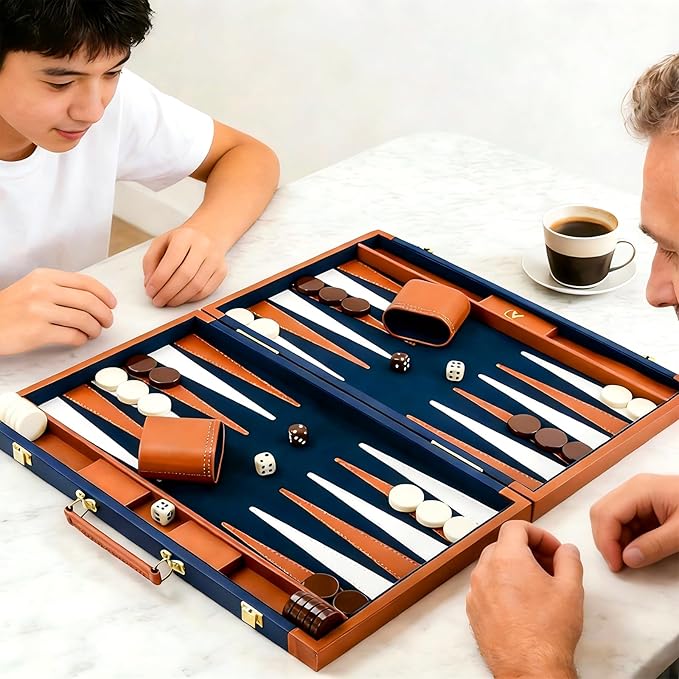 Backgammon Sets for Adults Large Backgammon Board Games Set 17.5 Inch Premium PU Leather Backga mon Game Portable Backgammon Case for Travel Classic Board Strategy Game Gifts Dark Blue