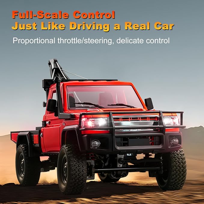 RC Crawler 1:12 Scale New Upgrade MN82-T RC Truck Crane 4WD LC79 Off Road Remote Control Pickup with Lights All Terrain Wrecker Vehicle for Teens Adults (Red)