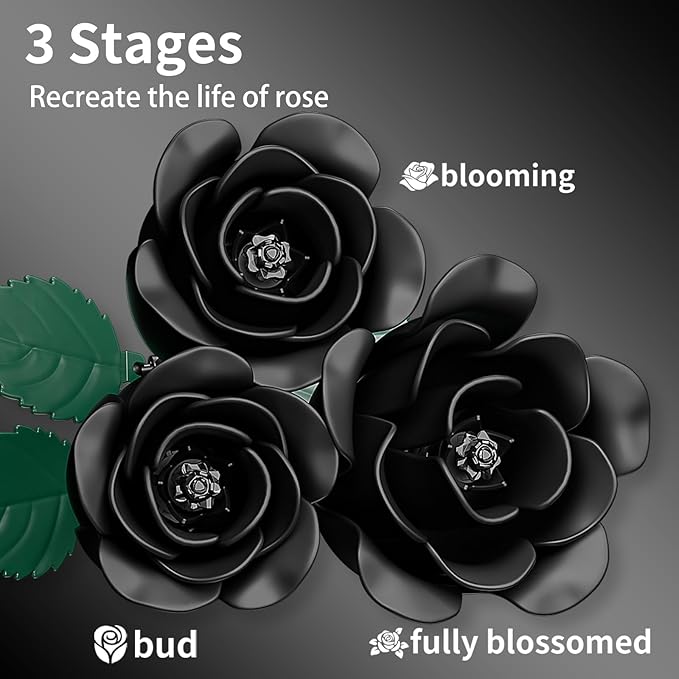 Black Rose Bouquet Building Set Rotatable Control for Flowering Flowers Botanical Christmas Valentine's Day Gifts for Adults - Gothic Home Office Table Bookshelf Decor