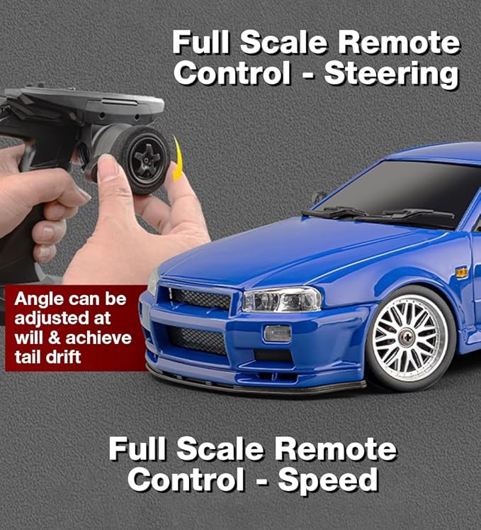 LD1899 1/18 Scale RC Drift Car GTR R34 2.4GHz RWD Mini Model Car with Gyro Alloy Body Shell Racing Cars for Adults Toys (Blue)